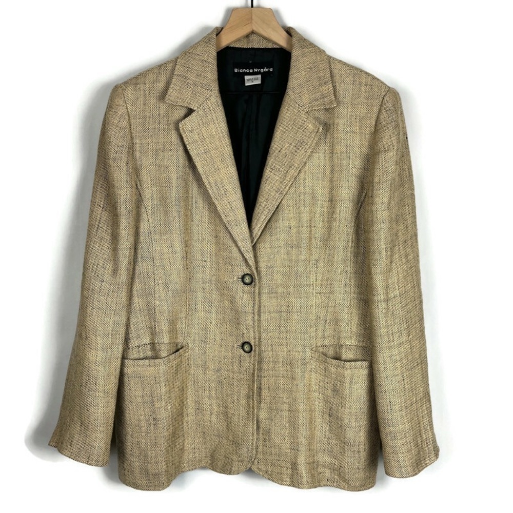 VTG Women's 100% Linen Blazer Jacket Black/Tan Weave 14 Office Bianca Nygard